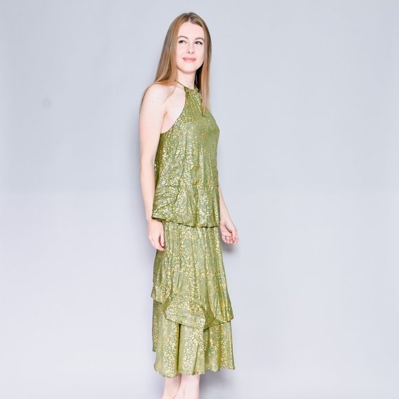 CLAIRE KANE Senegal Green & Gold Tiered Dress M EUC $338 - Picture 3 of 6